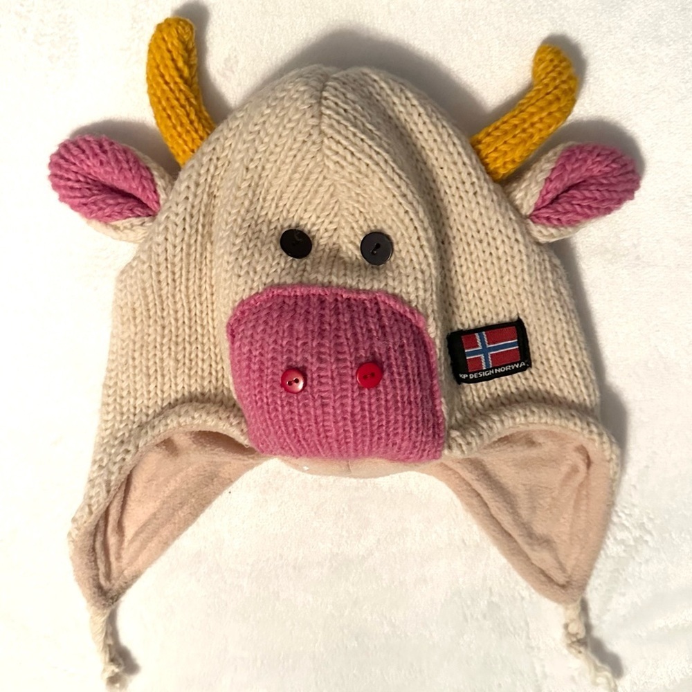 KP Design Norway Knit 100% Wool Fleece Lined Cow Bull Winter Hat OS Kids Unisex